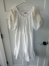 NWT Knox Rose White Dress W/ Orange Embroidered Puff Sleeve Boho Size M- Pics!