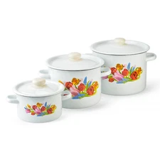 Novomoskovsk Spring Tulips Enamel Stockpot Set Vintage Cooking Pot SET OF 3