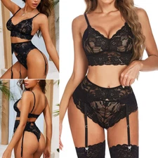 Women's Sexy Lingerie Set with Garter Belt Lace Bralette Sleepwear G-String Sets