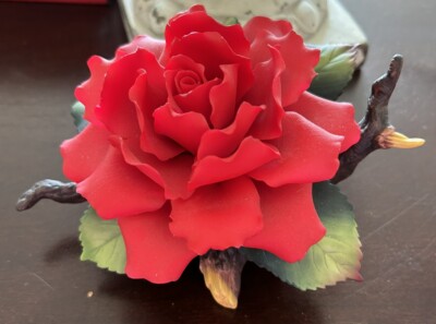 Andrea by Sadek Red Rose On Branch Hand Painted Porcelain