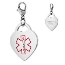 DIABETES TYPE 1 Stainless Steel Medical Alert Heart Charm w/ Lobster Clasp