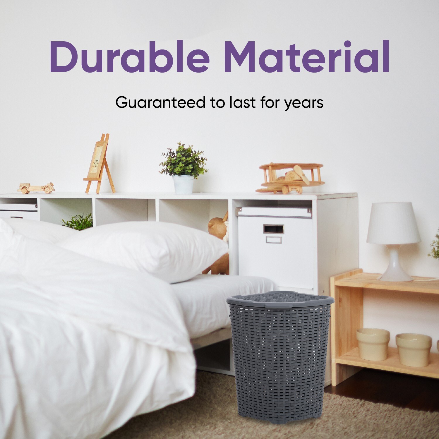 Plastic Wicker Corner Laundry Hamper with Lid and Handles-Onyx Grey (50 Liter)
