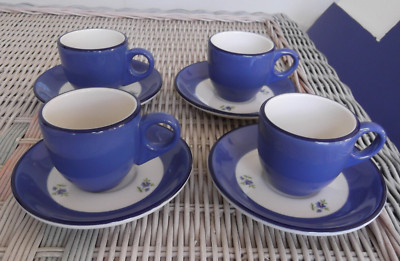 4 Homer Laughlin Cafe Style Demitasse Cups & Saucers - Blue & White with Flowers