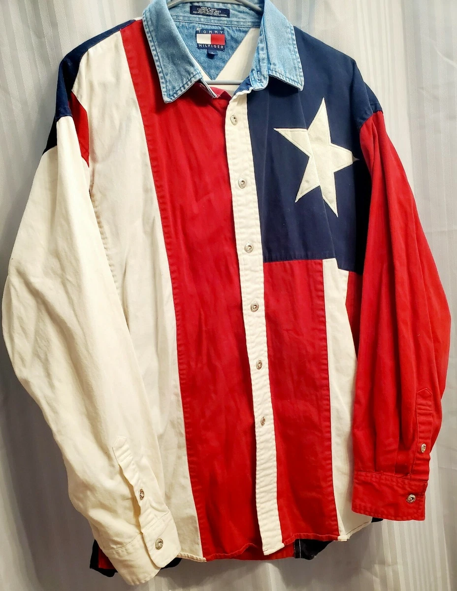 TOMMY HILFIGER Retro Vintage Red White Blue Flag Texas Star Color Block Shirt