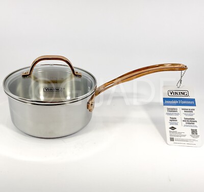 Viking 3-Ply Stainless Steel Copper Handle Sauce Pan Glass Lid 1.5 Quart  New