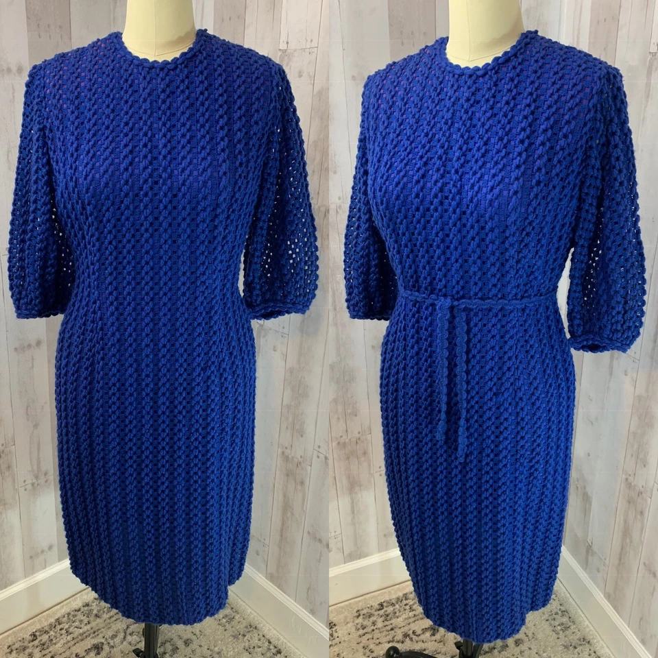 Vestido tejido de lana Edith Flagg vintage de los años 70 de diseñador azul real movible 38+ busto Foto 3 de 4