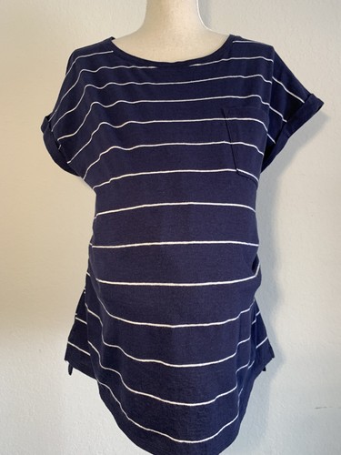 Maternity Stripped Short Sleeve Round Neck Cuff T-Shirt Navy/White S & M - Picture 2 of 11