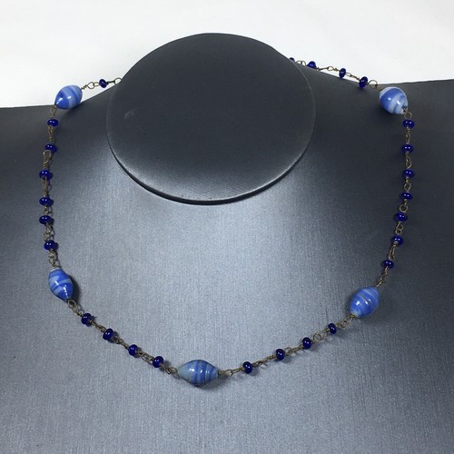 Girocollo in vetro fusibile artistico blu vintage collana di perline lavorazione a lampada 17" - Foto 5 di 18