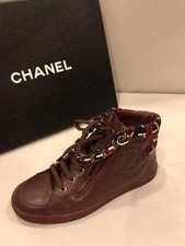 CHANEL 15K Leather Zip Chain High Hi Top Sneakers Kicks Shoes Burgundy 1025