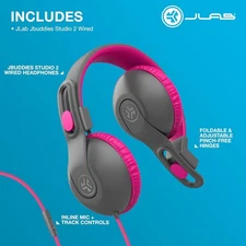 JLab JBuddies Studio 2 Kids Wired Headphones, Foldable, Mic, Etc.. Grey/Pink