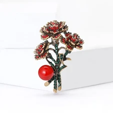Red Crystal Rhinestone Carnation Flower Bouquet Brooch Pin
