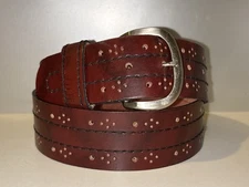 Antiqued Steer Hide Laser Cut Leather Belt Red Brown Brass Pl Buckle Sz 30-32