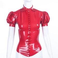 Womens Latex Tops Shirts Puff Sleeve Collared Rubber Shirts Fetish Clubwear