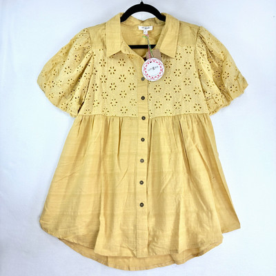 Umgee Eyelet Tunic Top Honey Yellow Cotton Puff Sleeve Button Up Boho Shirt New