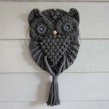 Macrame Owl Gray Yarn Blue Eyes Hanging Wall Art Handmade 21" Long Clean