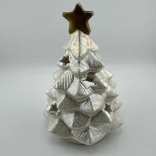 Tea Light Holder White Pearlized & Gold Christmas Tree Vintage