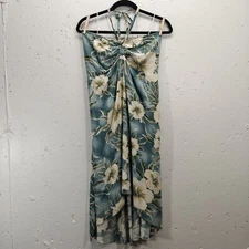 Sunny Island Hawaii Dress Womens XL Blue Floral Smocked Hi Low Halter Pin Up