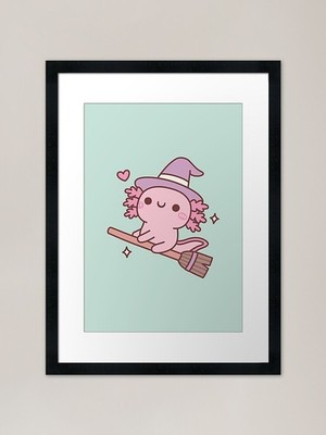 Niedliche Axolotl Hexe fliegt auf einem Broo gerahmtes Wandbild Poster Leinwanddruck Bild