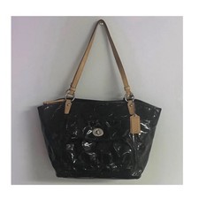 Coach Black Patent Leather Signature Embossed Tote Shoulder Bag Large F14663