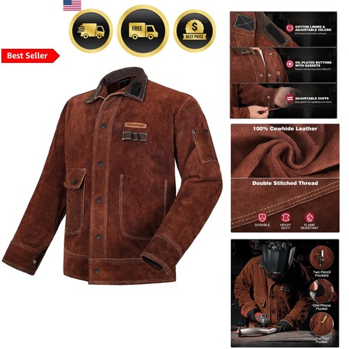 Leather Welding Jacket, Heavy Duty Welder Jackets with Flame Resistant Split ...