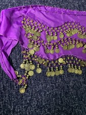 Belly Dance Hip Skirt Scarf VTG 90's Wrap Belt Gold Coins Dancing- Purple