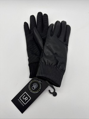 UR Powered Womens Leather Tech Gloves Touch Compatible Elastic Cuff Black  S/M
