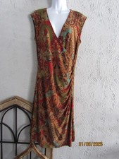 Ralph Lauren L artsy earthtone office dress plunge neck ruched side sleeveless