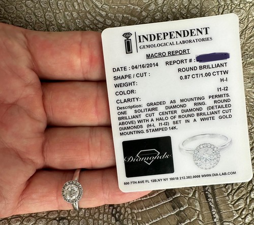 Engagement Diamond Halo Ring , 0.87/1.00 CT Color H-I Clarity I1-I2 (size 5 ) - Picture 7 of 9