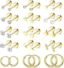 Small Hypoallergenic Flat Back Stud Earrings for Women Men 14K Gold Plated Surgi