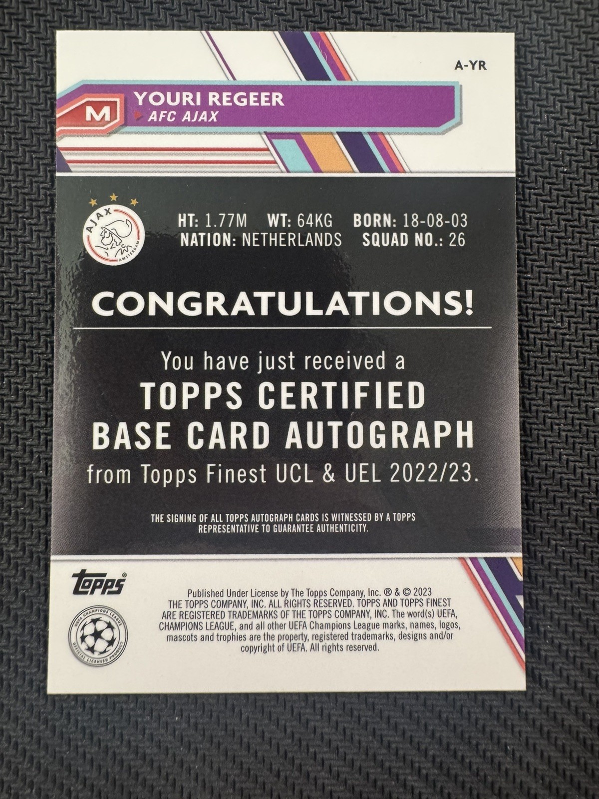 2022-23 Topps Finest UEFA Youri Regeer Auto Autograph RC Rookie #A-YR view 2