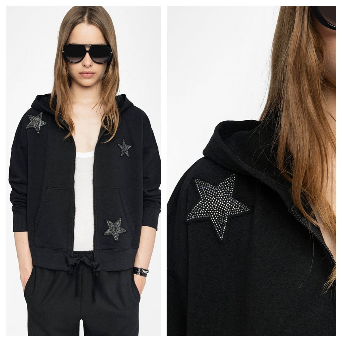 Mujeres Francés Zadig & Voltaire Algodón Estrás Capucha Sudadera con Capucha Abrigo Chaqueta Top SML