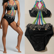 Glamour solo dance costume 2 piece style neon black bedazzled LC-large child