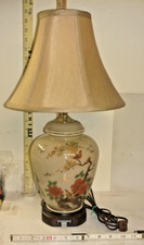 Vtg Oriental Ceramic Floral Faux Ginger Jar Table Lamp with Shade  20" High