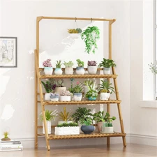 Bamboo 3 Tier Hanging Plant Stand Indoor Outdoor Ladder Plant Pot Shelf Foldable