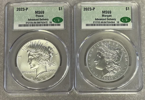 2023-P  $1 Silver Morgan and Peace Dollars 2 Coin Set CAC MS69 Advanced Delivery