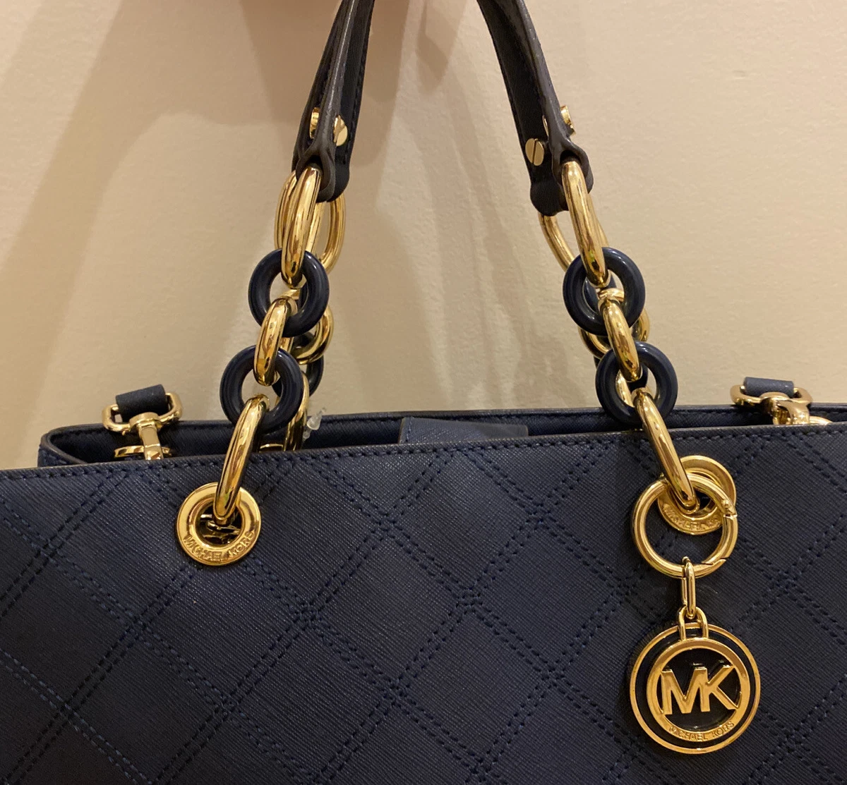 MK authentic Michael Kors Cynthia Navy MD Satchel Leather