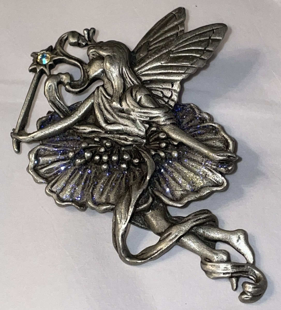 JJ JONETTE WINGED PEWTER FAIRY FLOWER PIN BROOCH PURPLE GLITTER