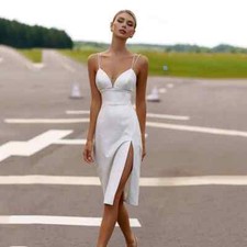 Sexy Satin Mermaid Wedding Dresses Spaghetti Straps Side Slit Short Bridal Gowns