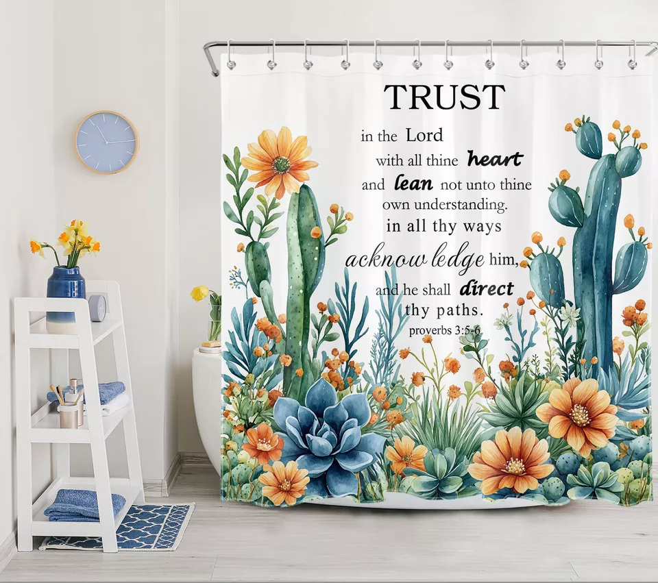 Garden Green Succulent Plant Orange Flower Shower Curtain Set for Bathroom Decor - Image 4 of 4