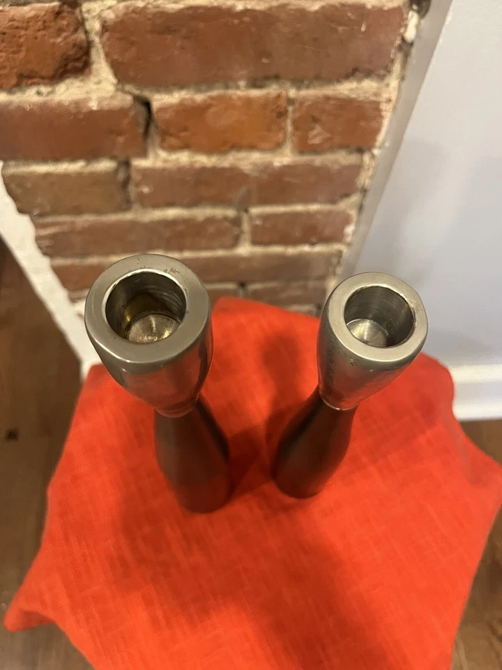 Crate and Barrel Metal Nickel Gray Taper Pair Candle Holders Candlesticks MCM - Image 2 of 4