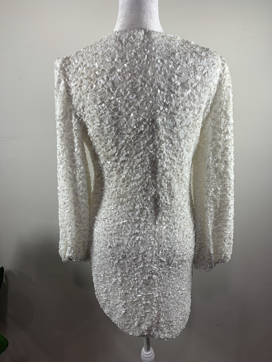 sparkly long sleeve round neck sequin mini dress - white Rosedress SPARKLY LONG SLEEVE ROUND NECK SEQUIN MINI DRESS - WHITE, Size M
