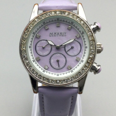 August Steiner Watch Women 38mm Silver Tone Purple Dial Leather Band New Battery