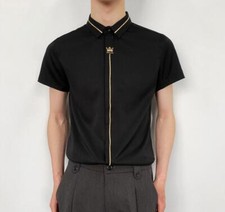 Men's Fashion Summer Lapel Short Sleeve Color Matching Slim Dress Shirt Blouses