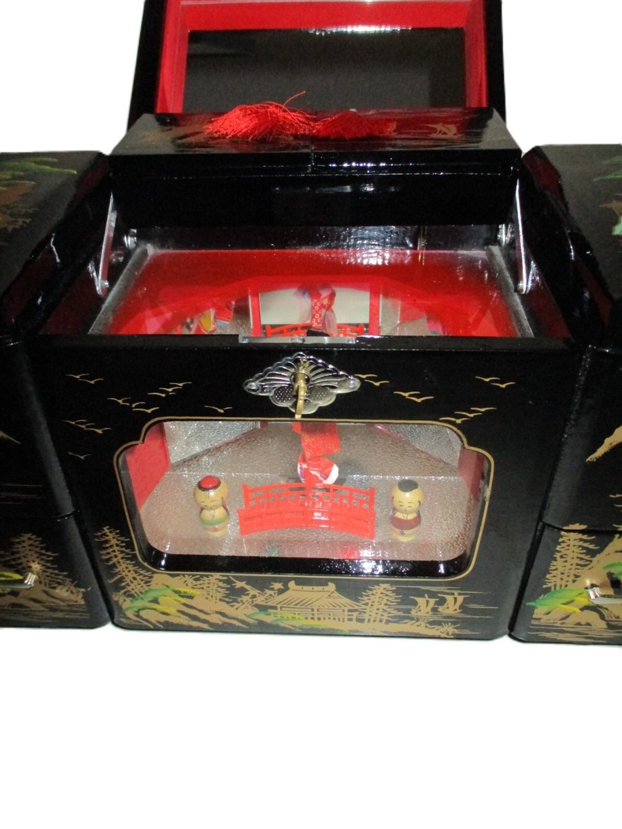 TOYO Lighted Japanese Lacquer Jewelry Box, Geisha Girl, Lock