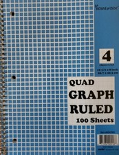 GRAPH PAPER NOTEBOOK QUAD Ruled 100 SHEETS BOOK SPIRAL GRID 4 SQ PER IN 8.5 x 11