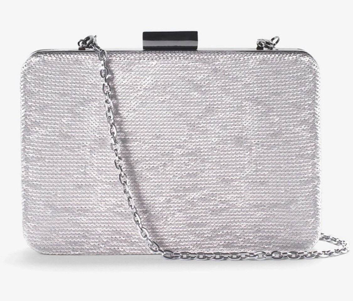 White House Black Market Sequin Silver Box Clutch Evening Purse Excellent Cond