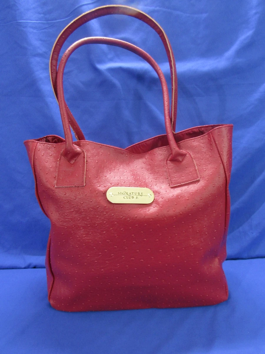SIGNATURE CLUB A Red FAUX LEATHER Snap OSTRICH PRINT Lined SHOULDER TOTE BAG
