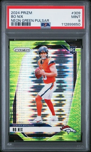 2024 Prizm Bo Nix Rookie #309 Neon Green Pulsar Prizm Broncos PSA 9