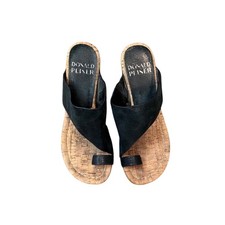 Donald Pliner Black Leather Cork Wedge Sandals Toe Loop HPGYER26060 Womens 6M