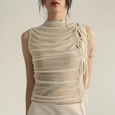 Lady Mesh Shirt Slim Fit Mesh Vest Sleeveless Binding Band Folded Edge Tops Sexy